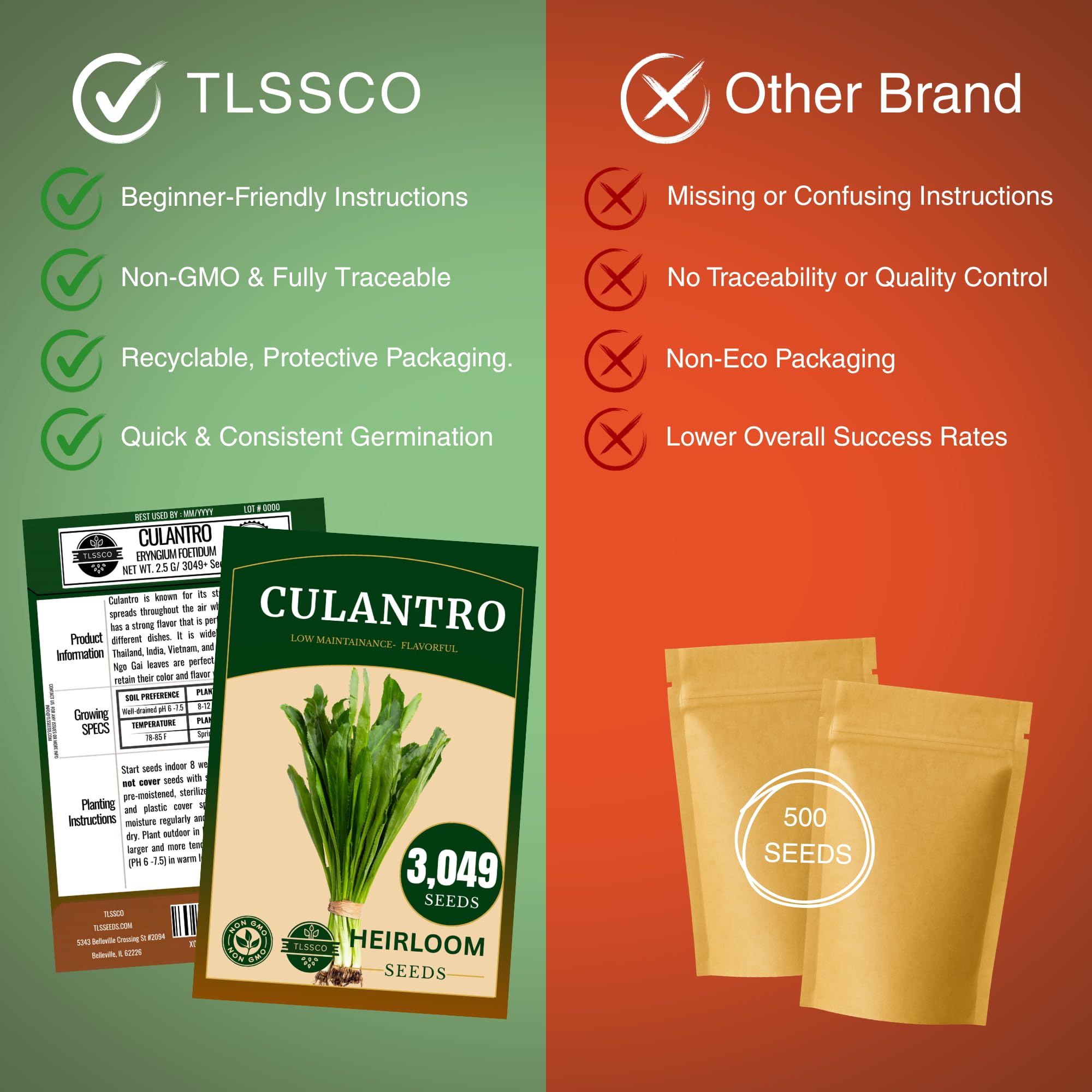 Packet of TLSSCO Culantro Seeds on a wooden table