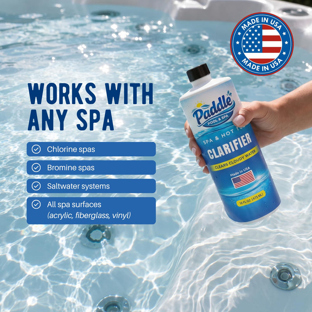Paddle Hot Tub Clarifier 16 oz bottle beside hot tub accessories
