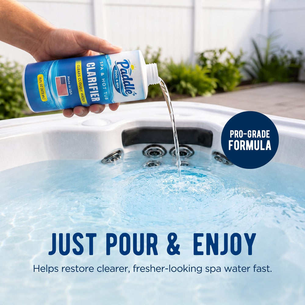 Paddle Hot Tub Clarifier 16 oz bottle displayed outdoors