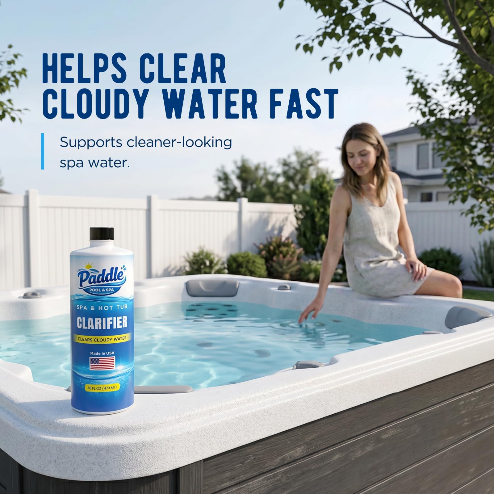Paddle Hot Tub Clarifier 16 oz liquid pouring from bottle