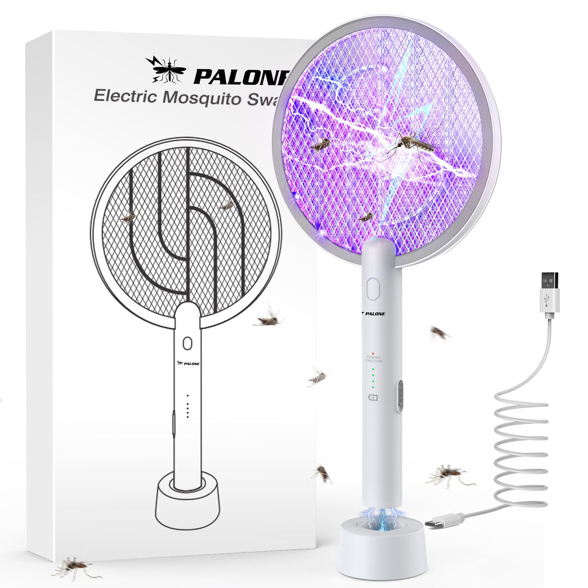PALONE Electric Fly Swatter front view with purple UV light