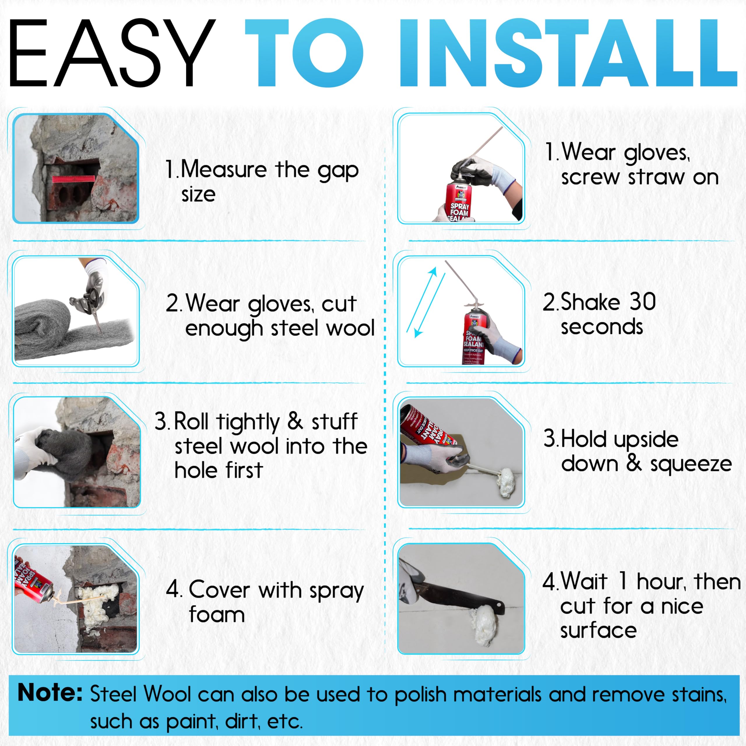PAMAZY gloves included for handling steel wool and foam