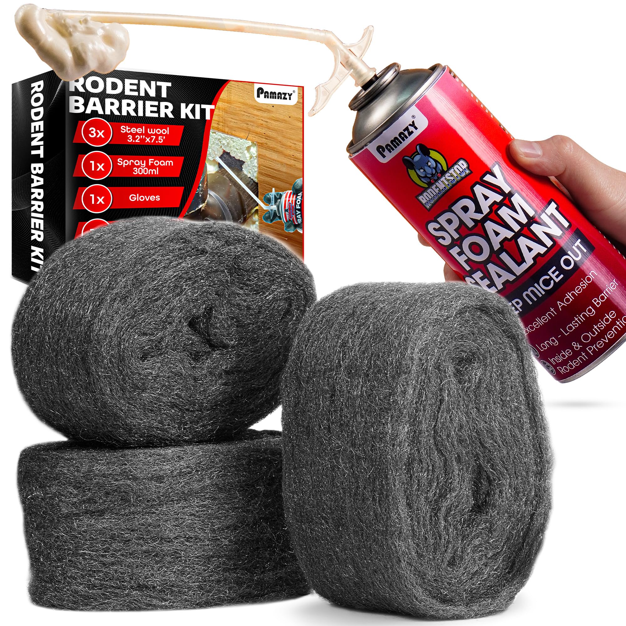 PAMAZY Rodent Barrier Kit packaging with steel wool and foam