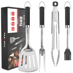 PARGRILL BBQ tool set including spatula, fork, brush, and tongs