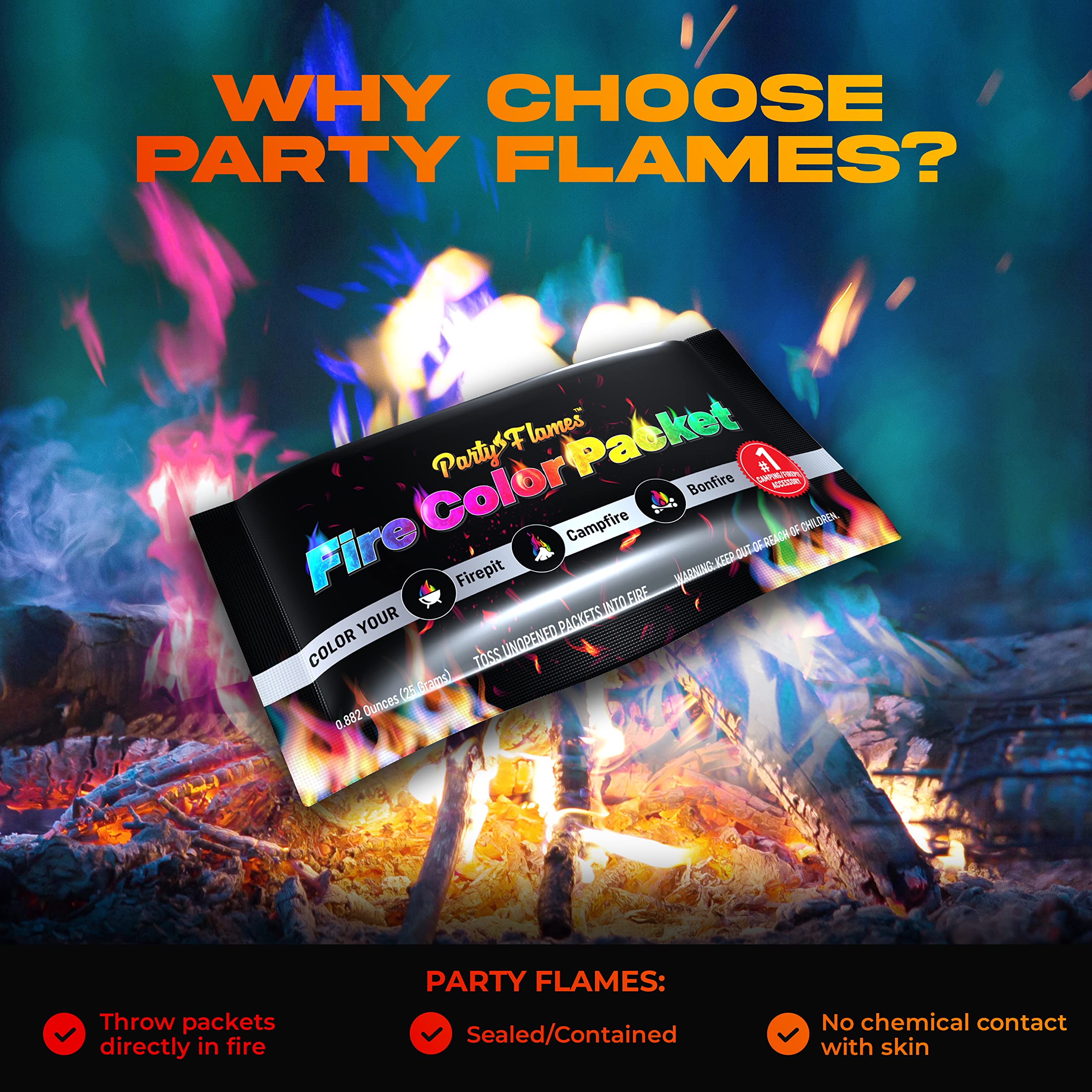 Party Flames packets showcased with campfire