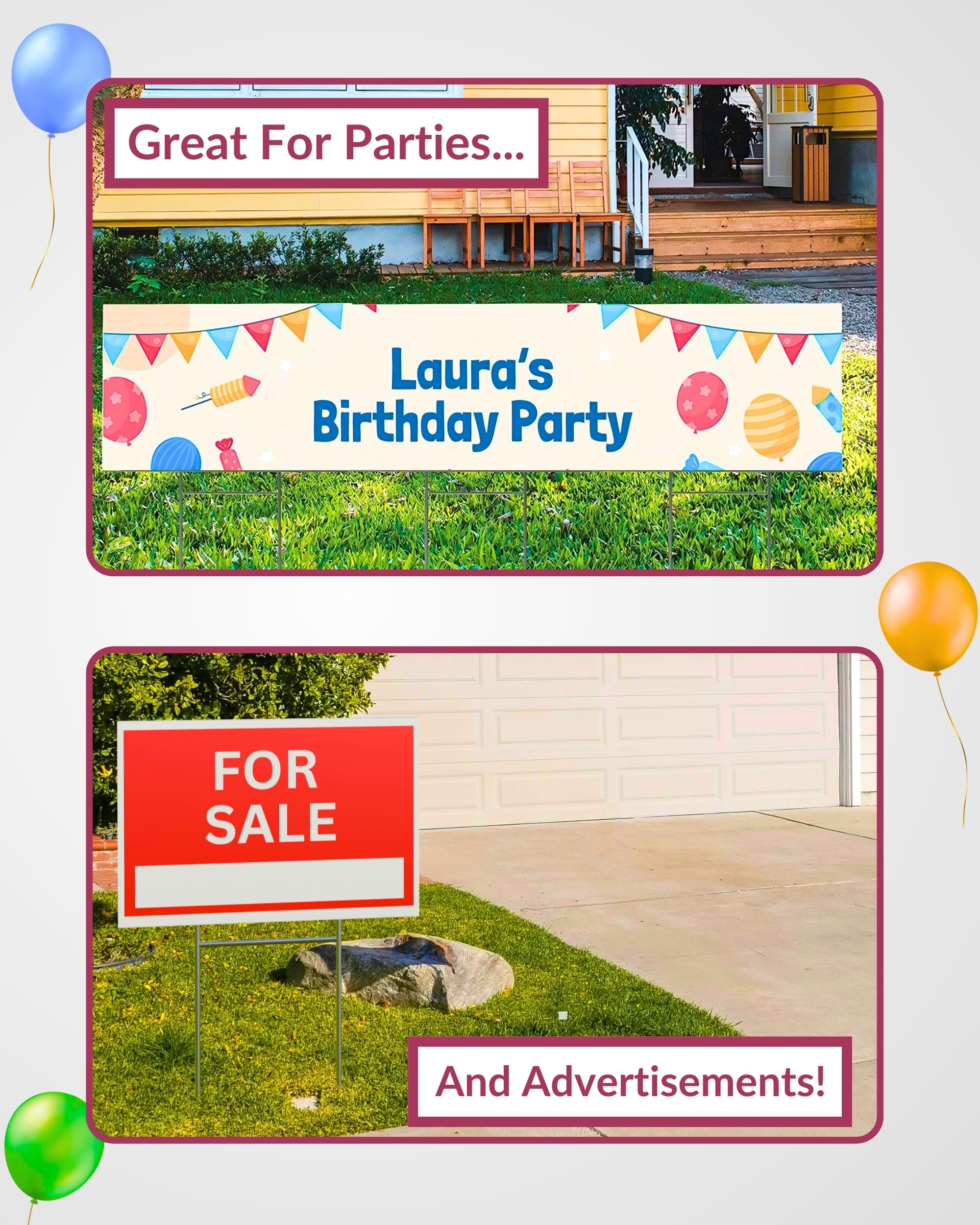 PartyPrints yard signs set up for a birthday party