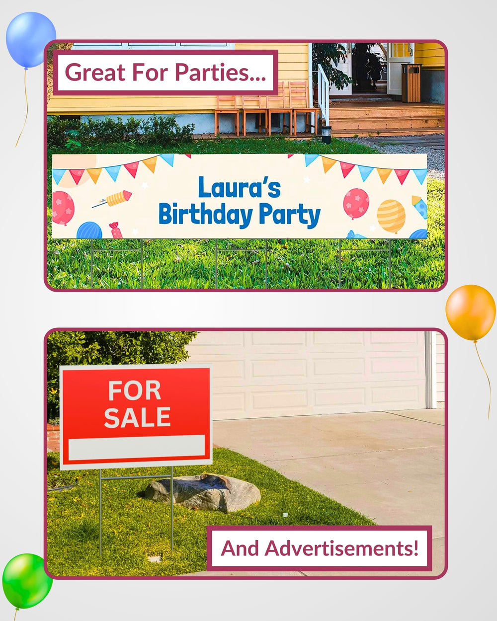 PartyPrints yard signs set up for a birthday party