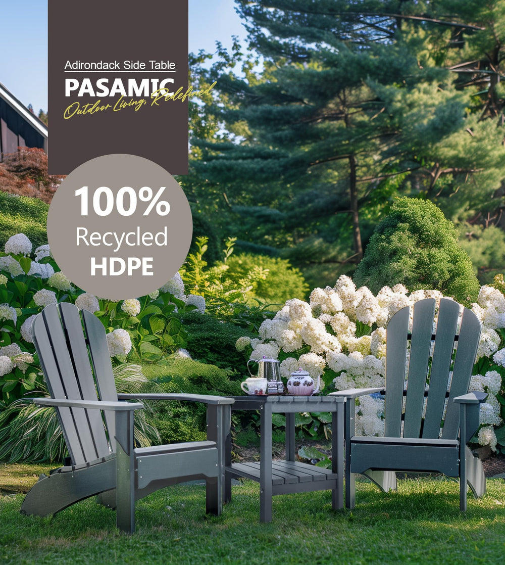 PASAMIC Outdoor Side Table Grey beside Adirondack chair