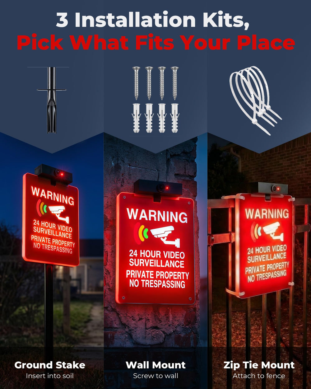 PASAMIC Solar No Trespassing Sign illuminated at night