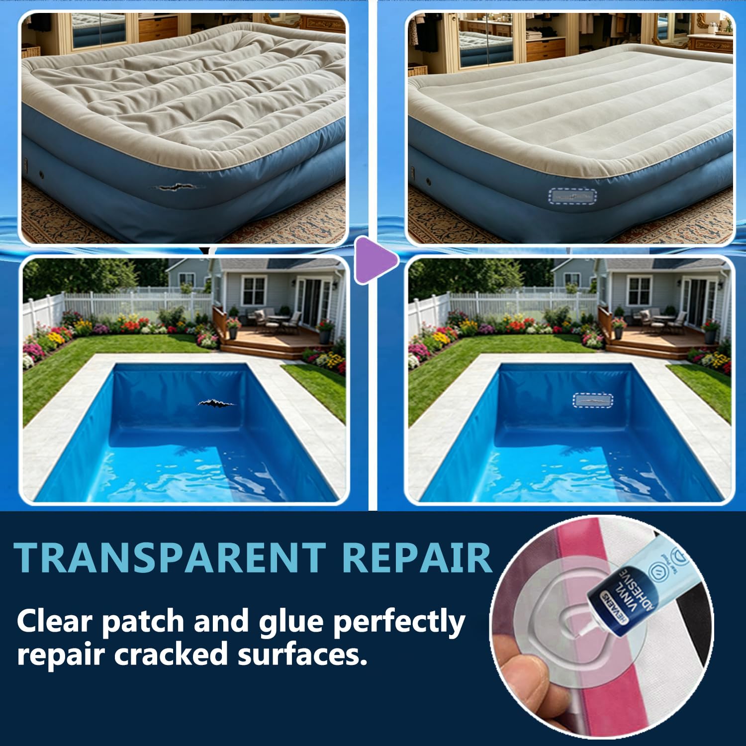 Patches applied on an inflatable pool using HEVAENS kit