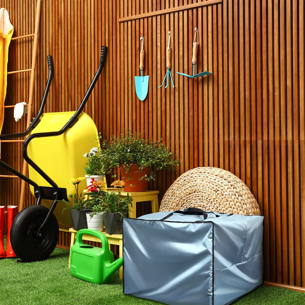 Patelai outdoor cushion storage bag in a garden setting