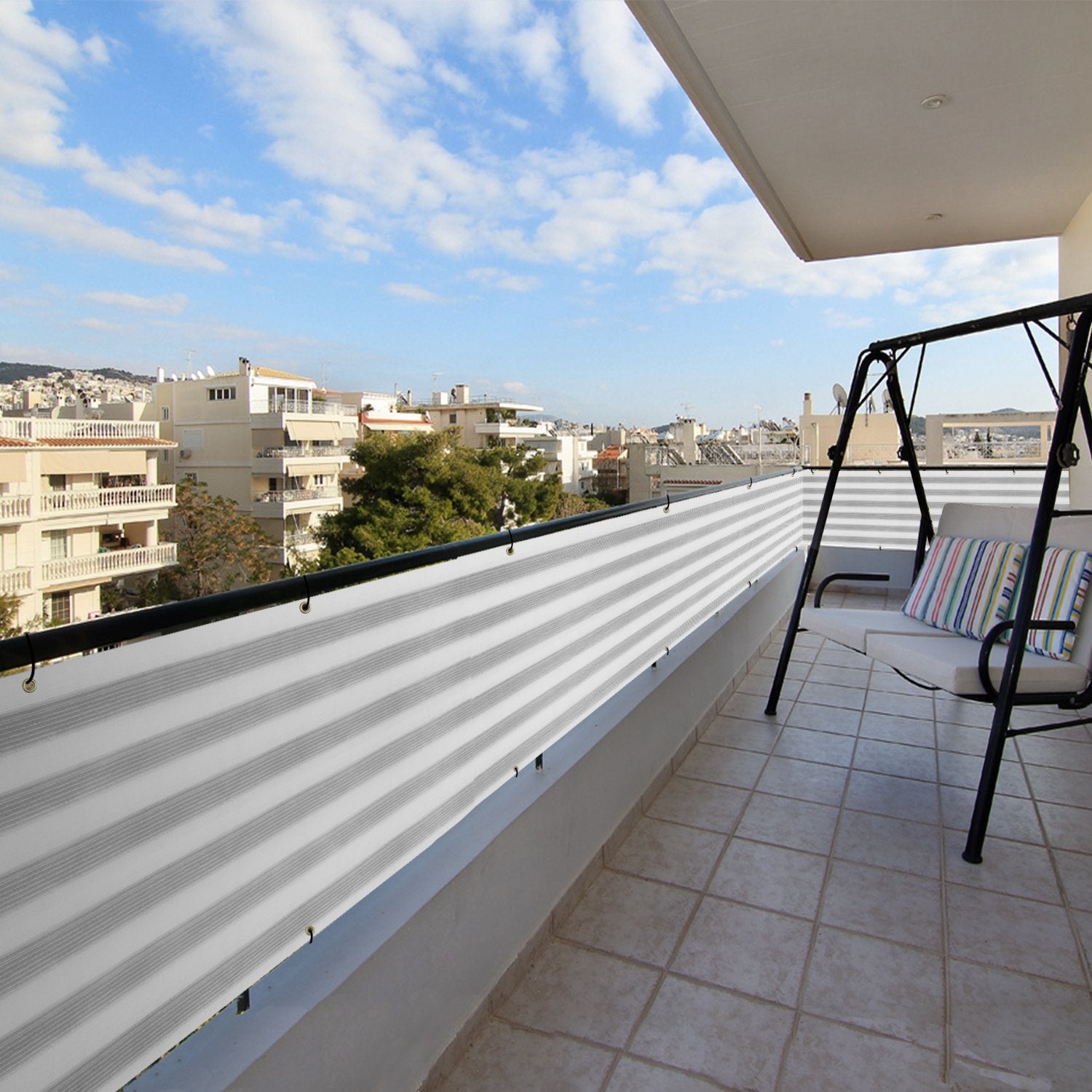Patio Privacy Screen rolled up for storage
