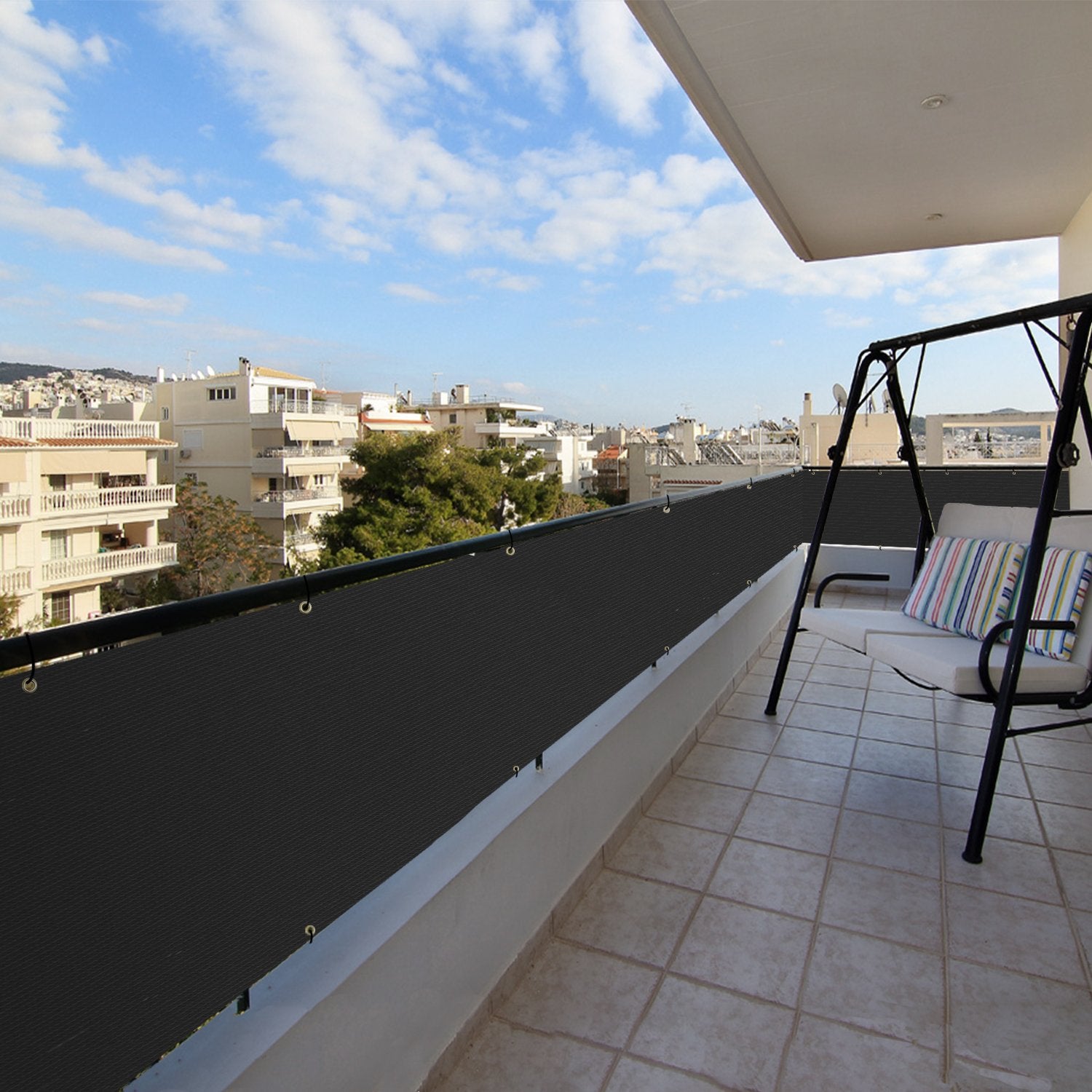 Patio privacy screen showing reinforced seams