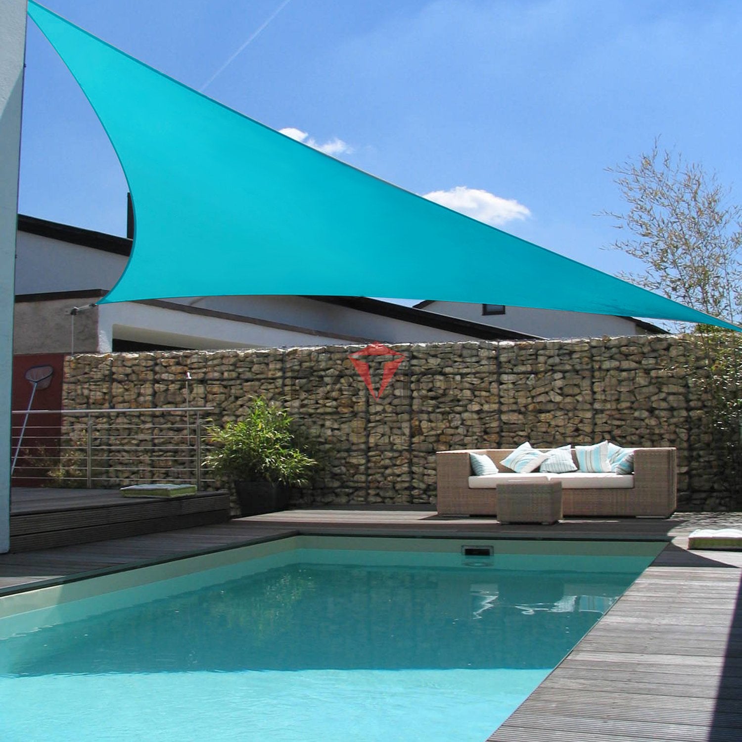 Patio Sun Shade Sail in turquoise hanging over a pool