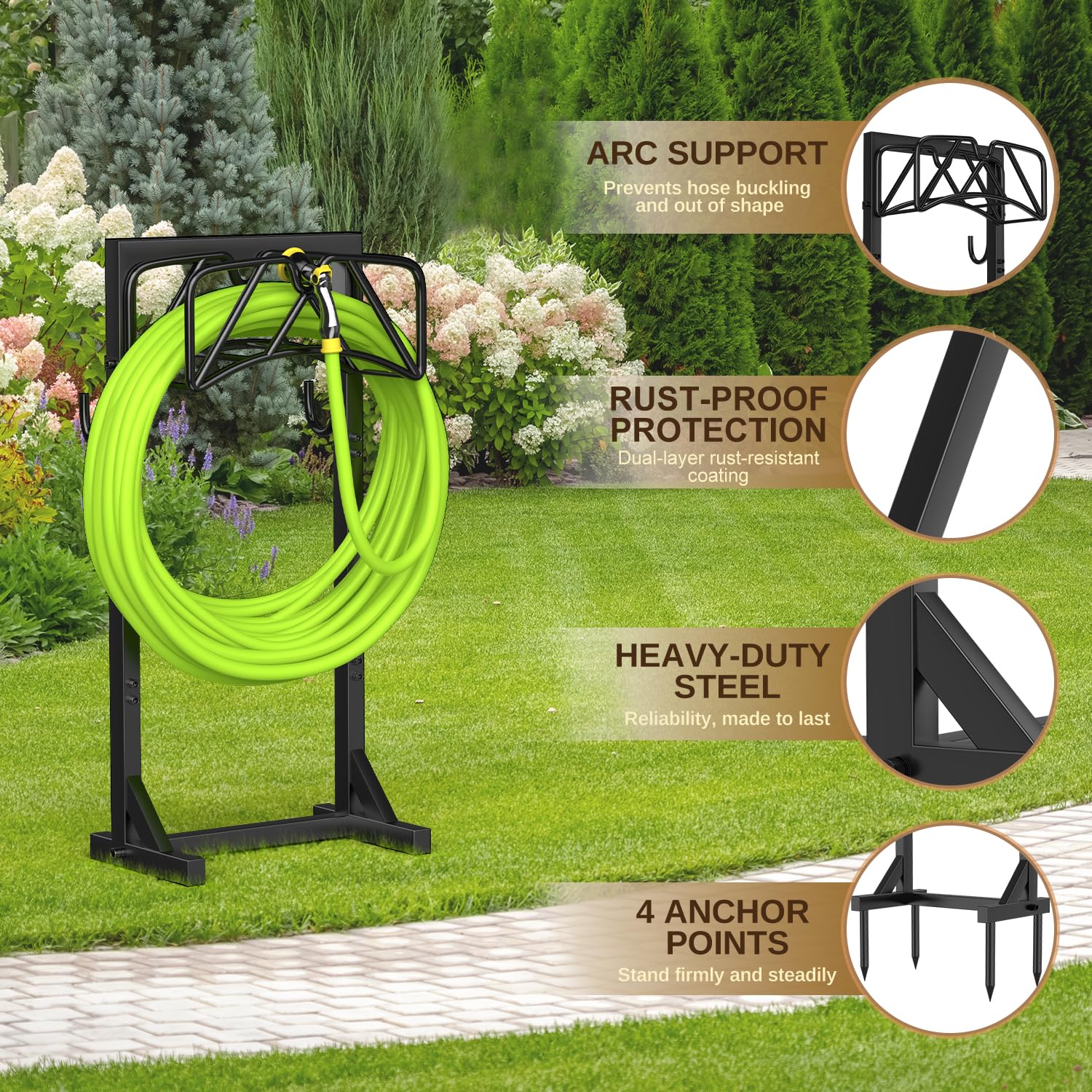Patiobay garden hose holder in an outdoor setting with hose attached