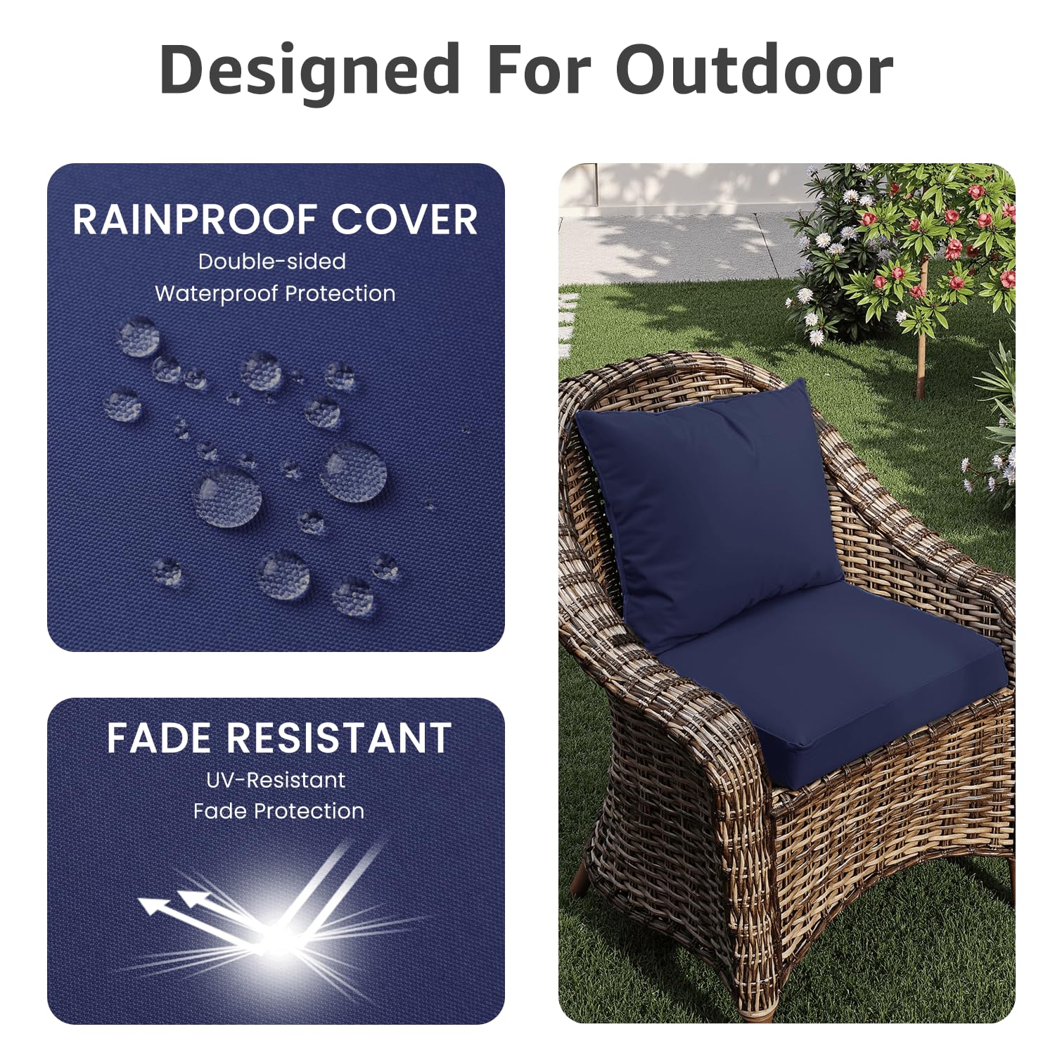 PatioGlow cushion placed on outdoor chair in garden