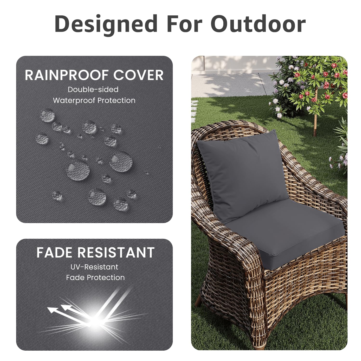 PatioGlow cushion set showing waterproof feature