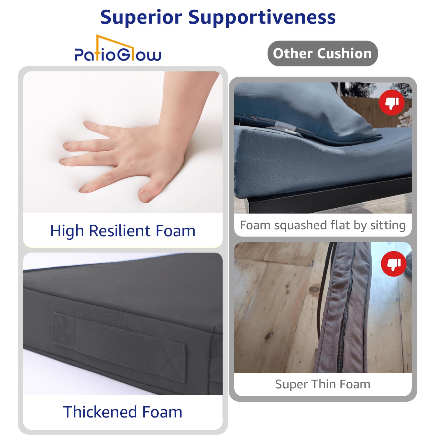 PatioGlow outdoor chair cushions stacked for storage