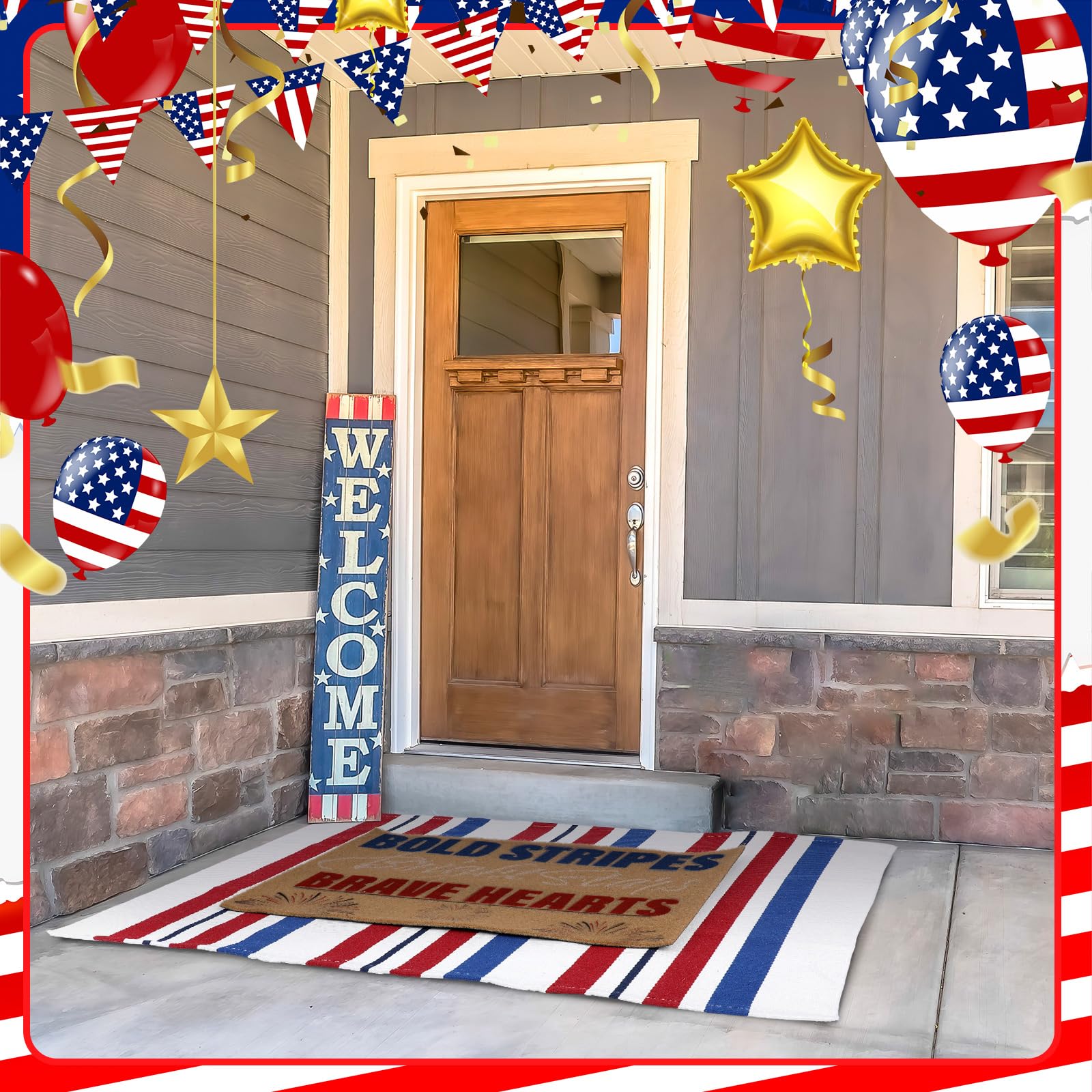 Patriotic welcome mat displayed on a porch
