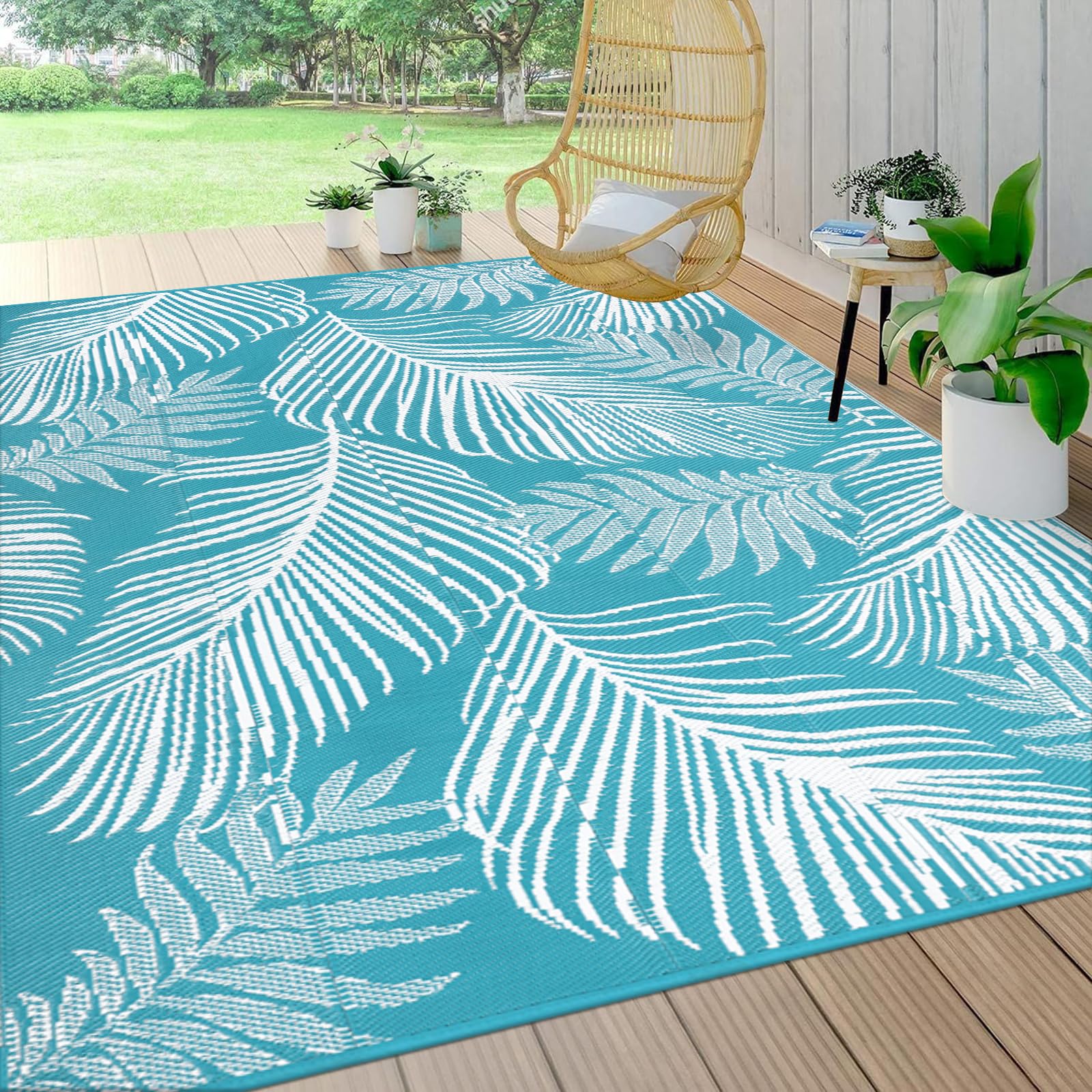 Pauwer 8x10 Outdoor Rug Leaf Teal front view