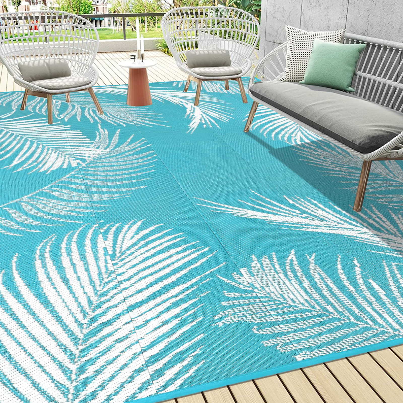 Pauwer 9x12 Outdoor Rug in Leaf Teal front view