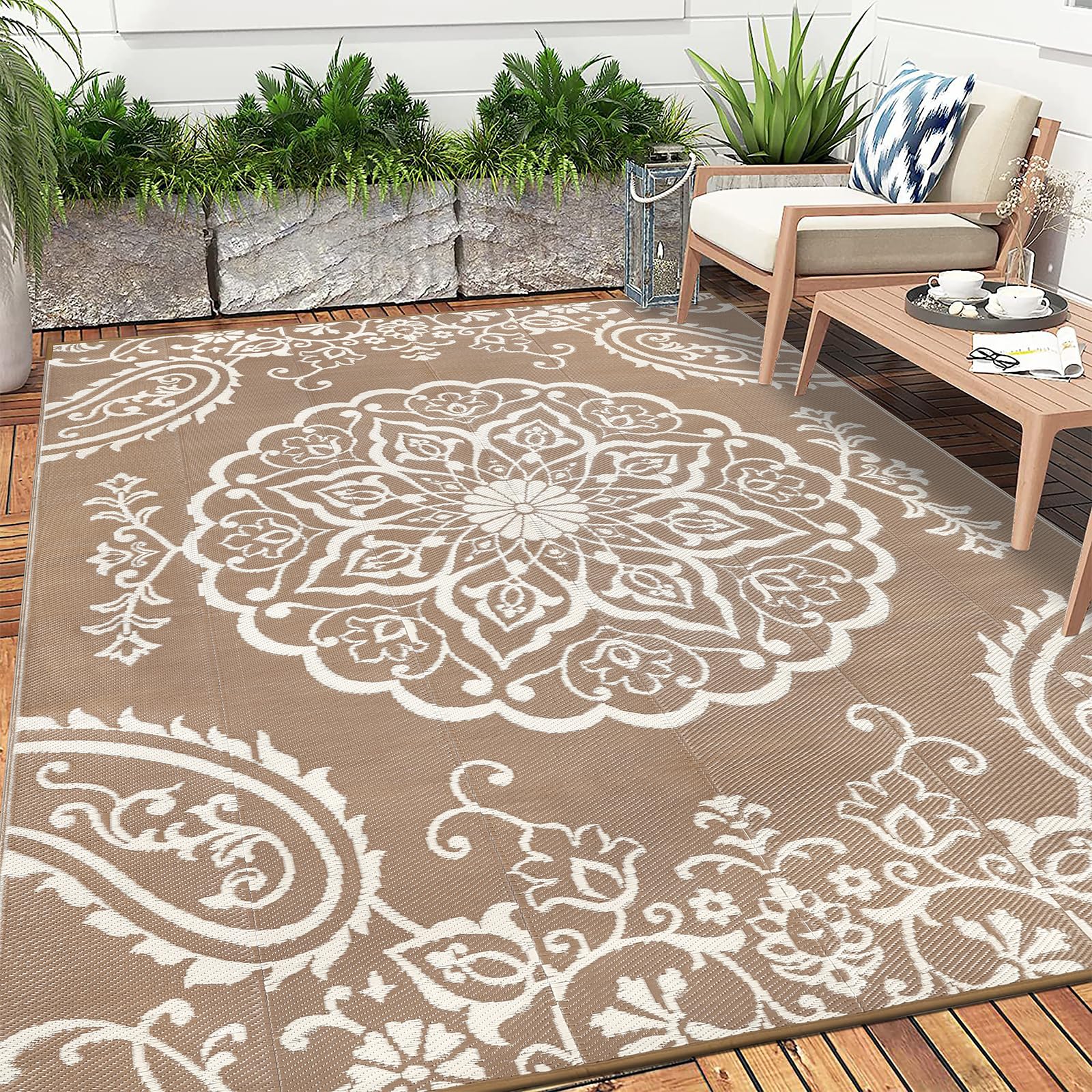 Pauwer Outdoor Rug 10x14 Boho Brown side view