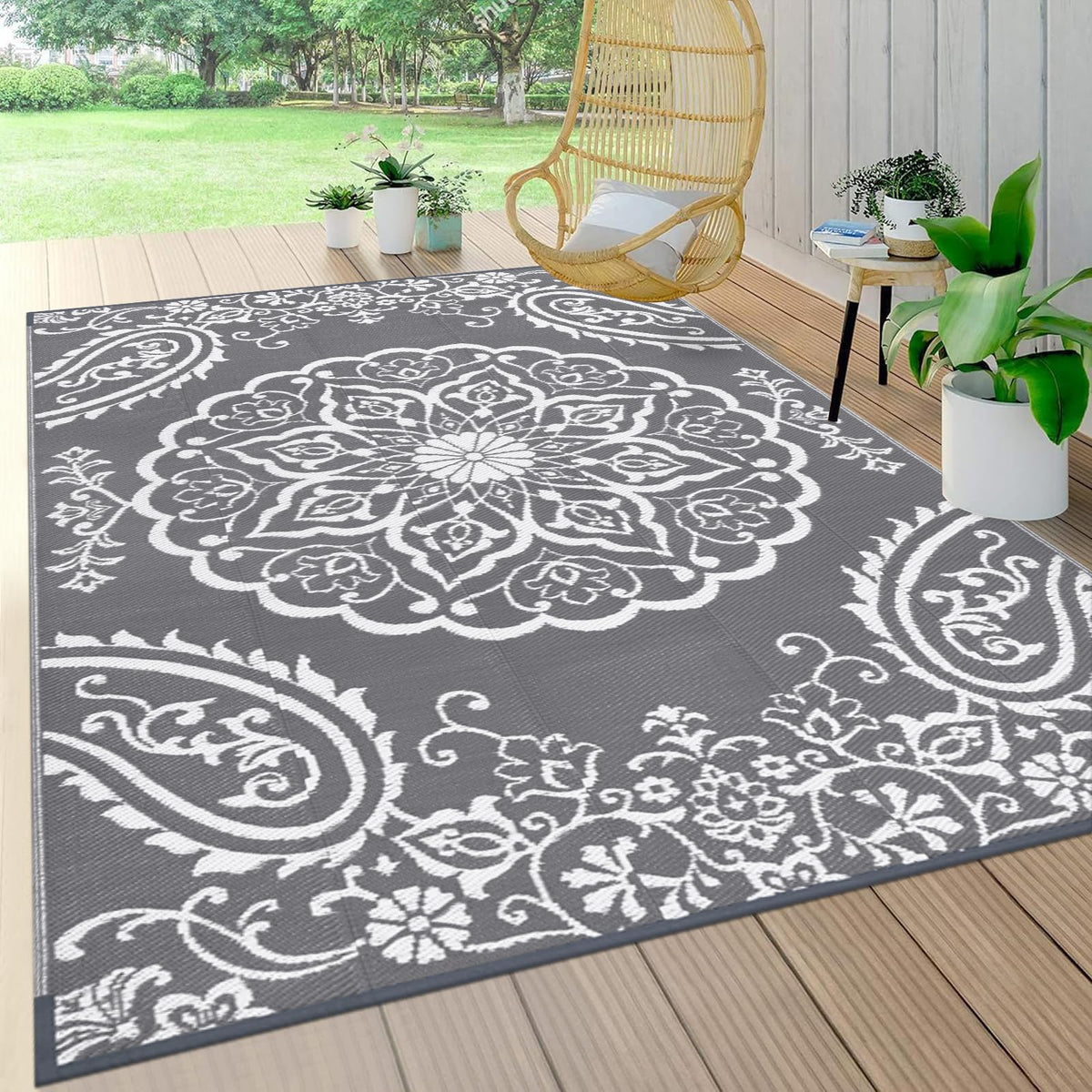 Pauwer Outdoor Rug 5x8 Boho Grey front view