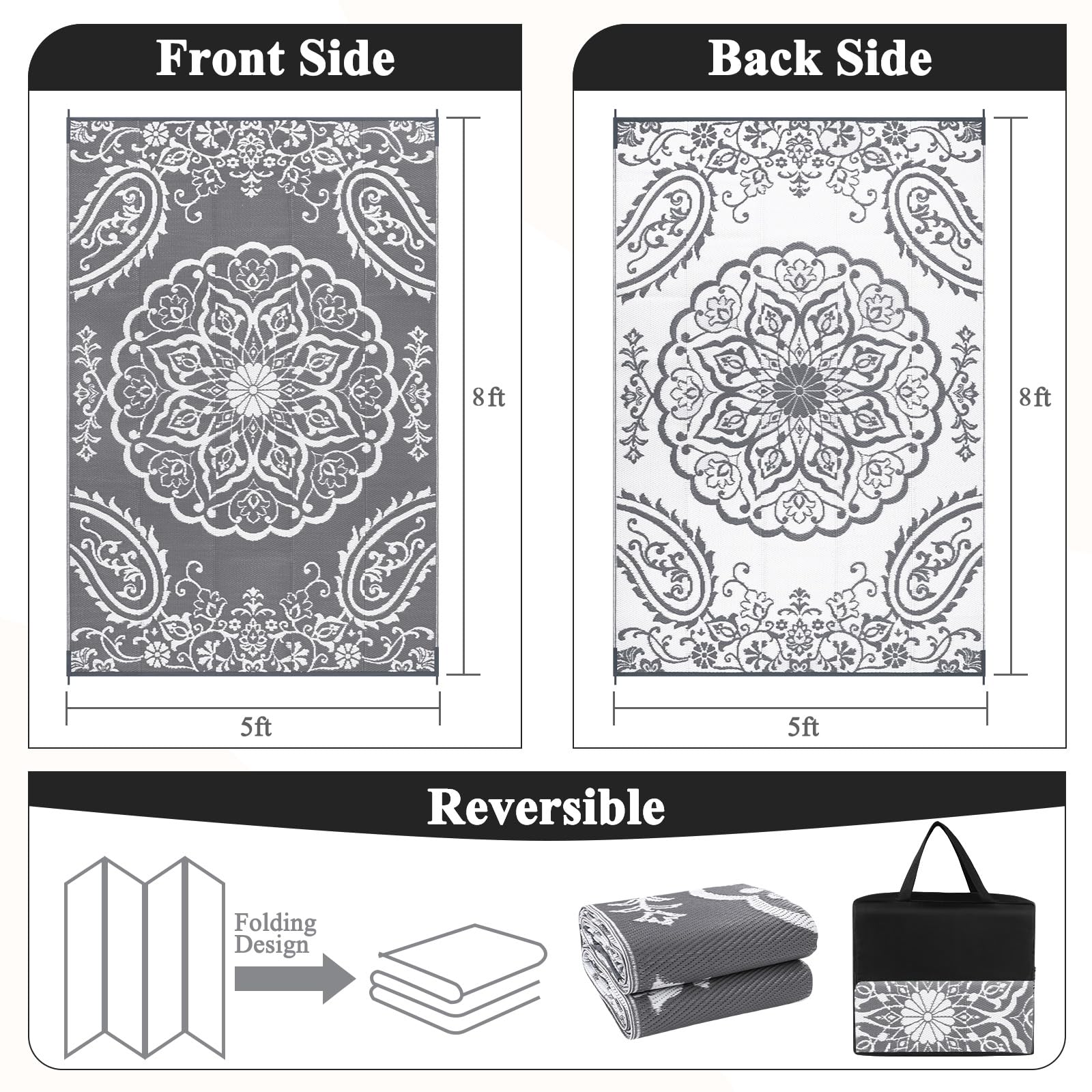 Pauwer Outdoor Rug 5x8 Boho Grey reverse side view