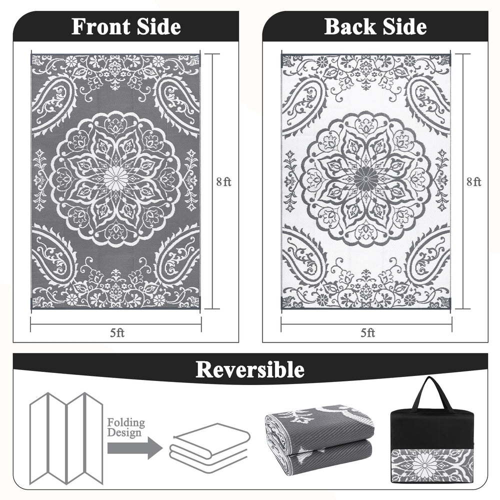Pauwer Outdoor Rug 5x8 Boho Grey reverse side view