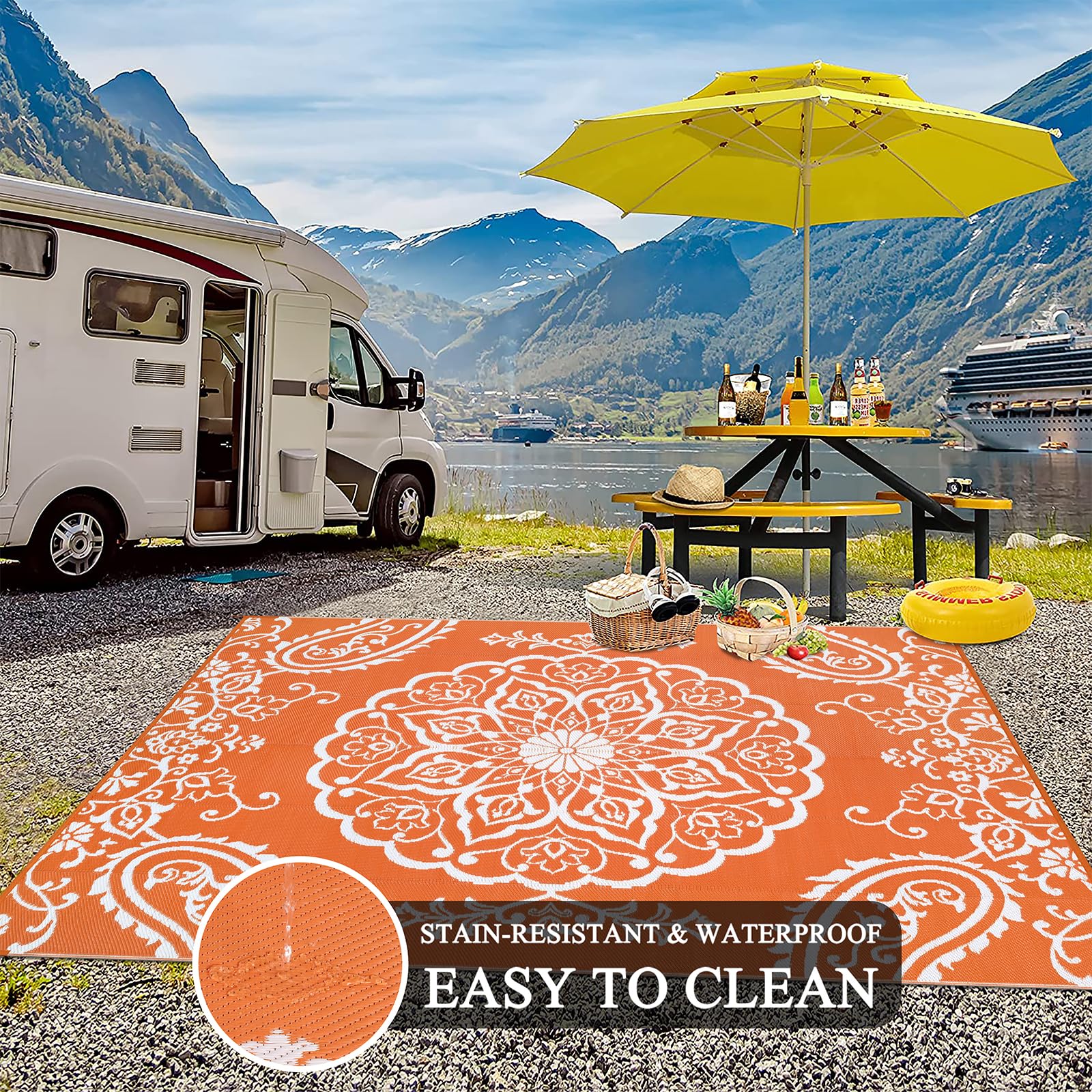 Pauwer Outdoor Rug 6' x 9' Boho Orange carrying bag