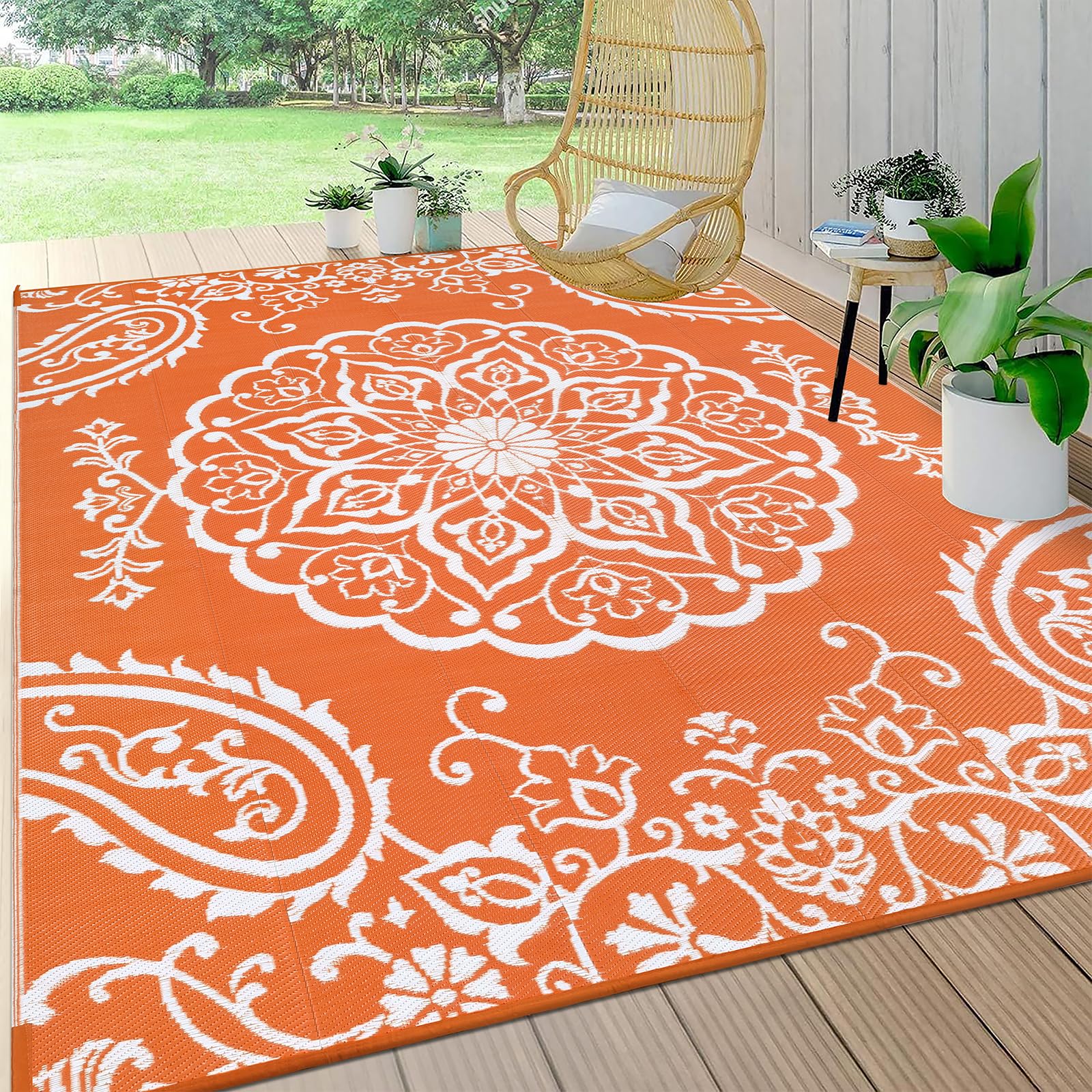 Pauwer Outdoor Rug 6' x 9' Boho Orange front view