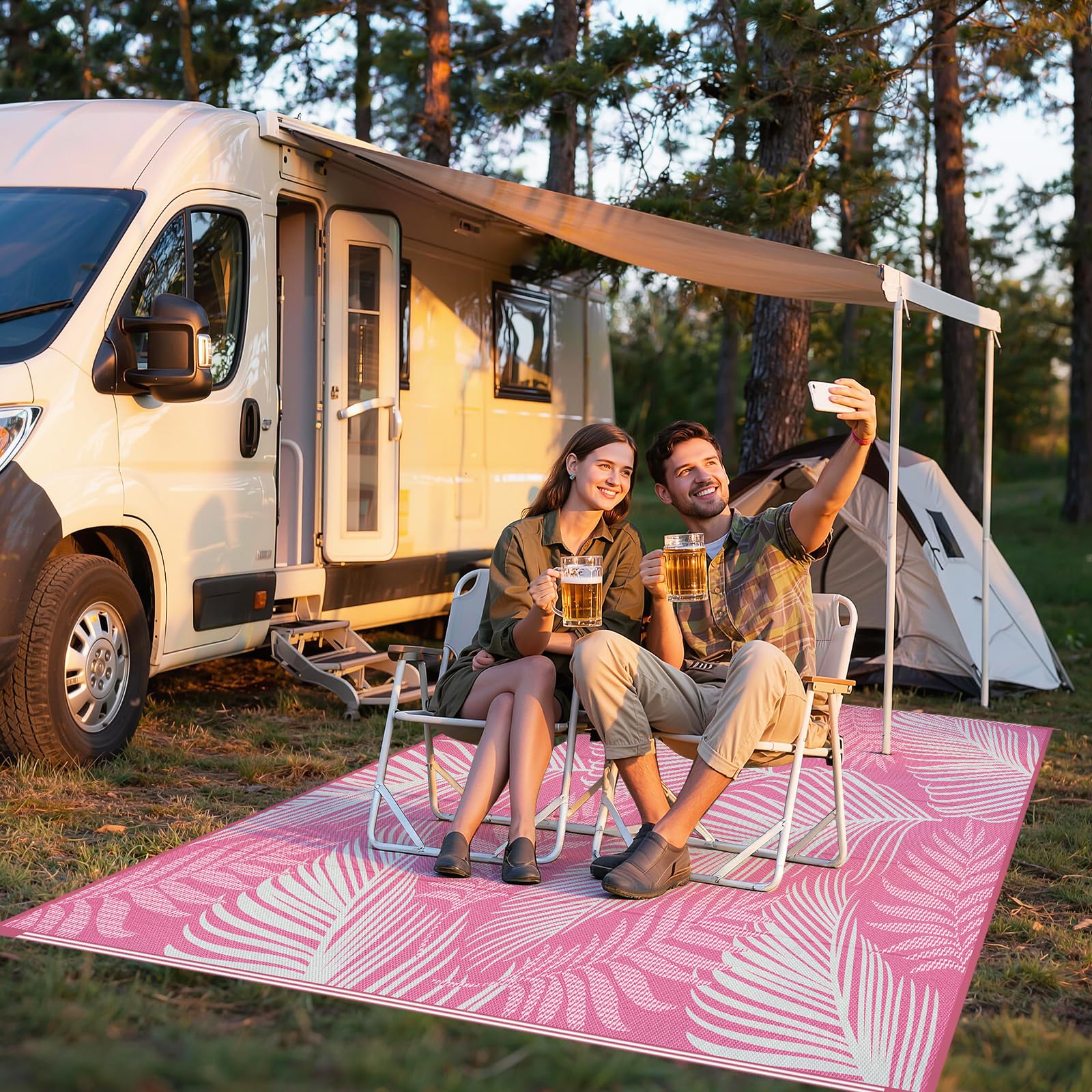 Pauwer Outdoor Rug 6' x 9' Leaf Pink during a picnic