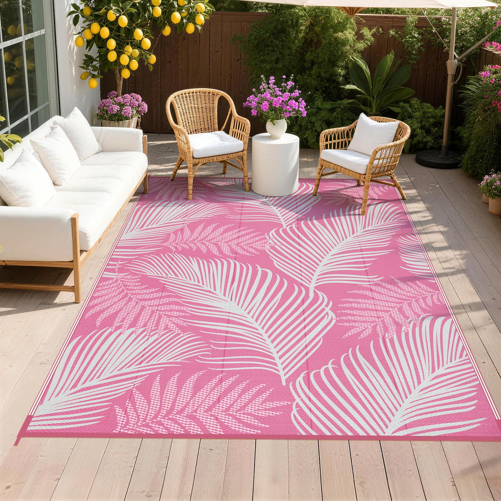 Pauwer Outdoor Rug 6' x 9' Leaf Pink front view