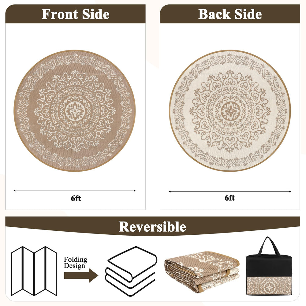 Pauwer Outdoor Rug 6ft round floral brown pattern back view
