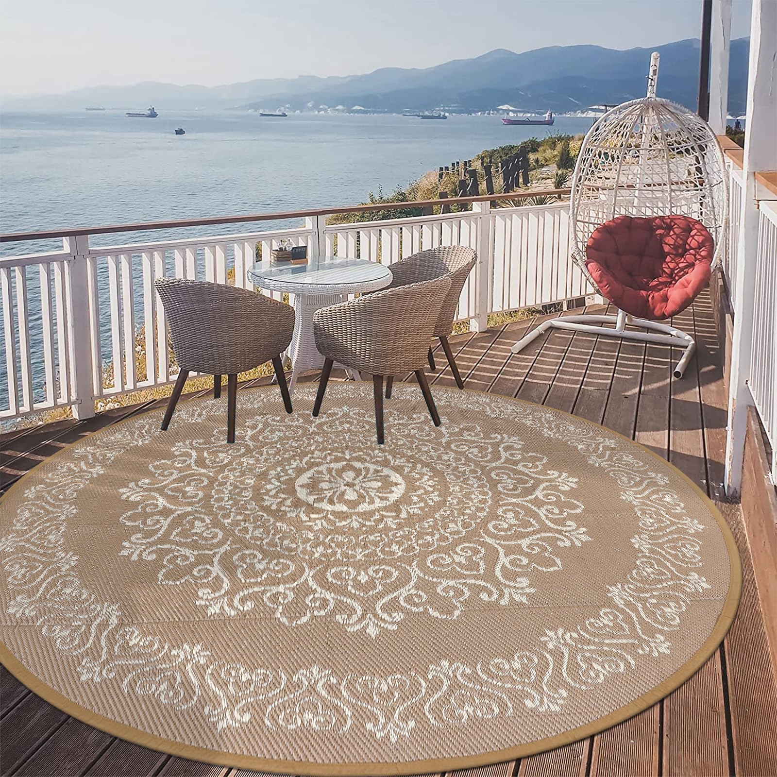Pauwer Outdoor Rug 6ft round floral brown pattern front view