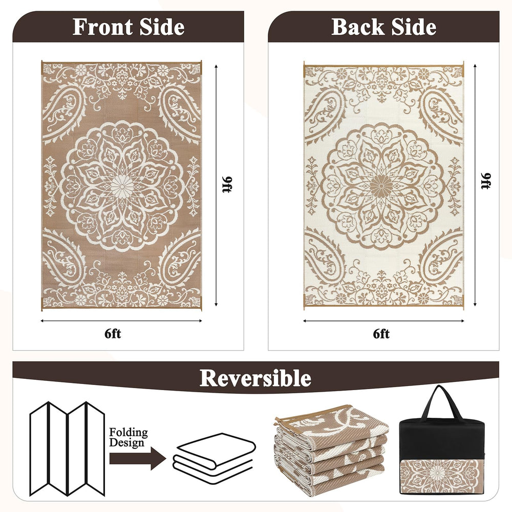 Pauwer Outdoor Rug 6x9 Boho Brown floral pattern detail