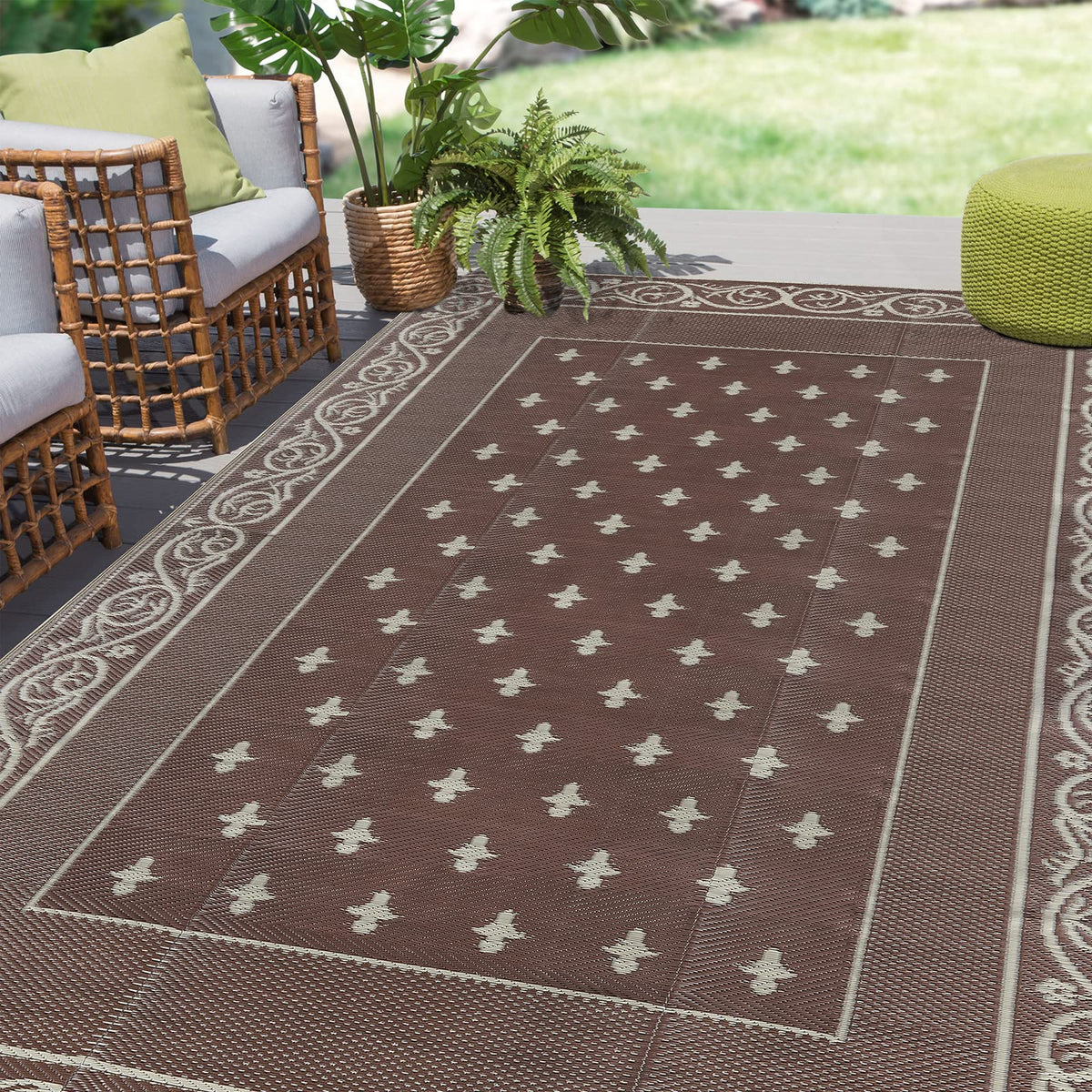 Pauwer Outdoor Rug 6x9 bordered brown front view