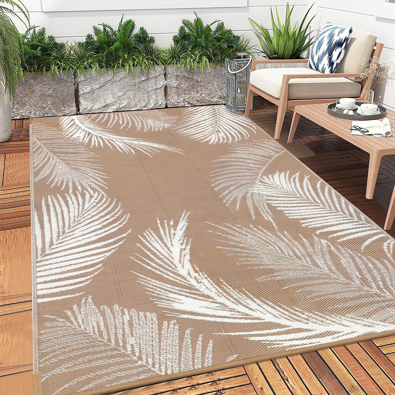 Pauwer Outdoor Rug 6x9 Leaf Brown during picnic setup