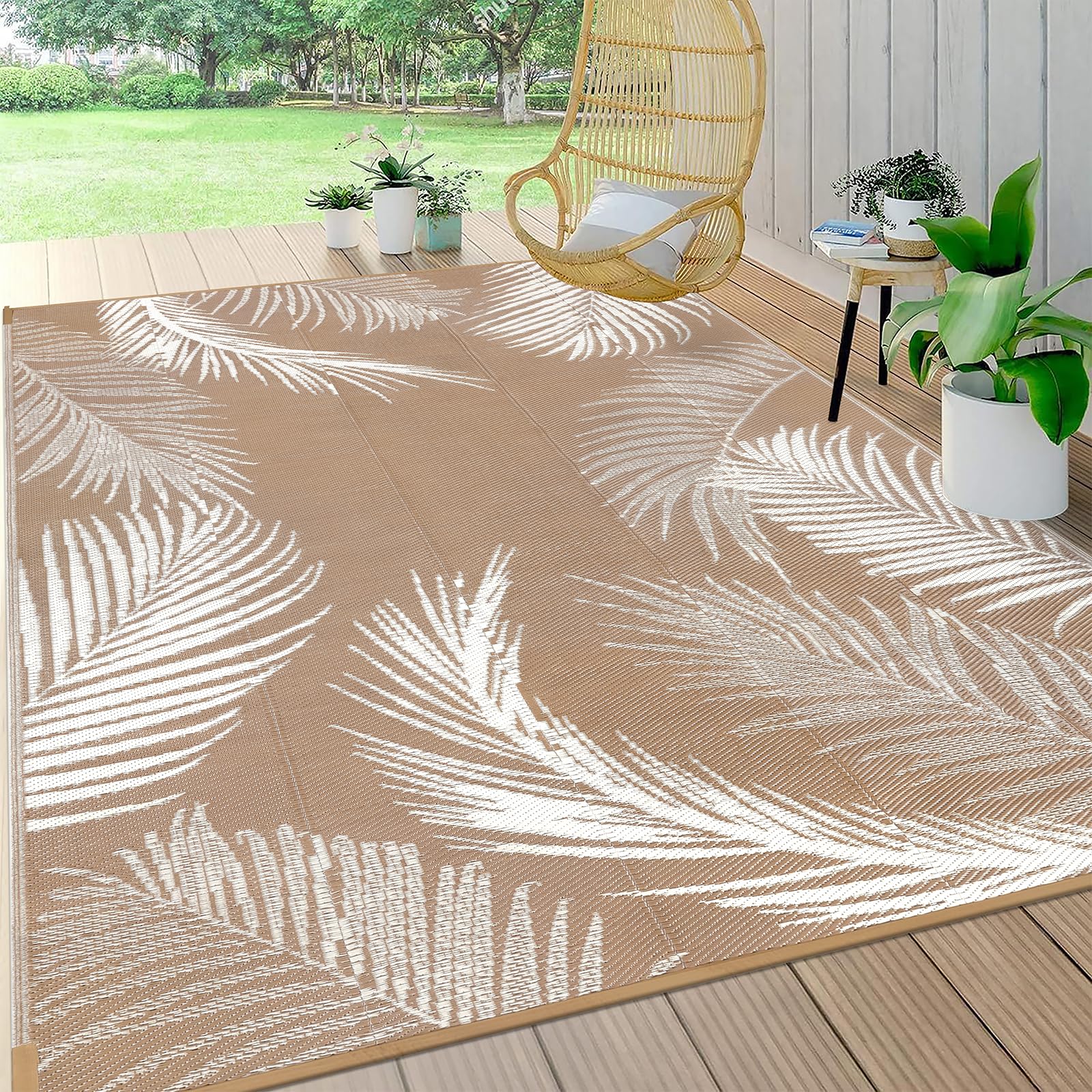 Pauwer Outdoor Rug 6x9 Leaf Brown front view