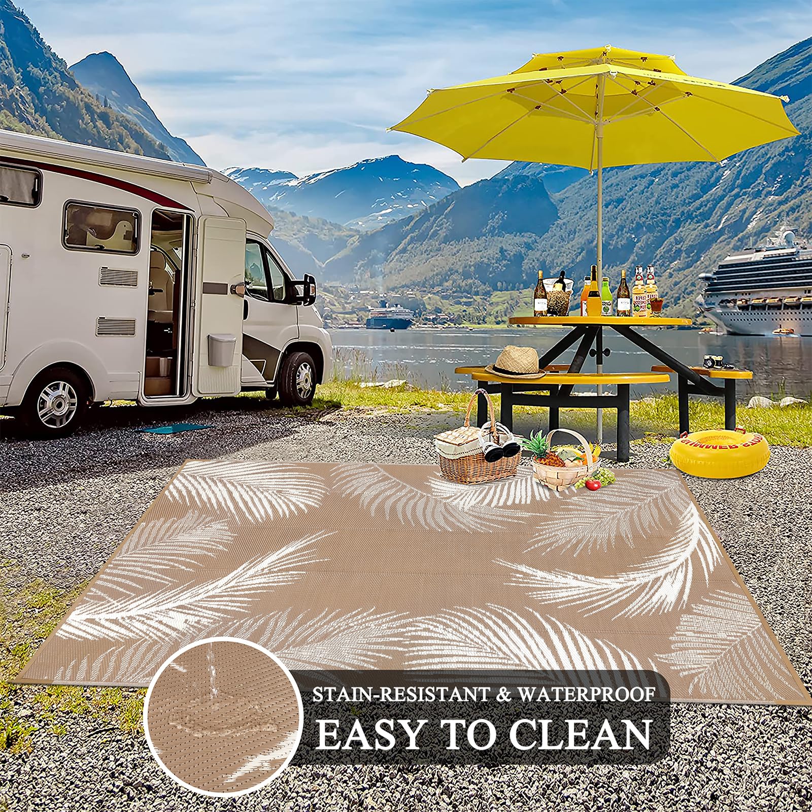 Pauwer Outdoor Rug 6x9 Leaf Brown reverse side view