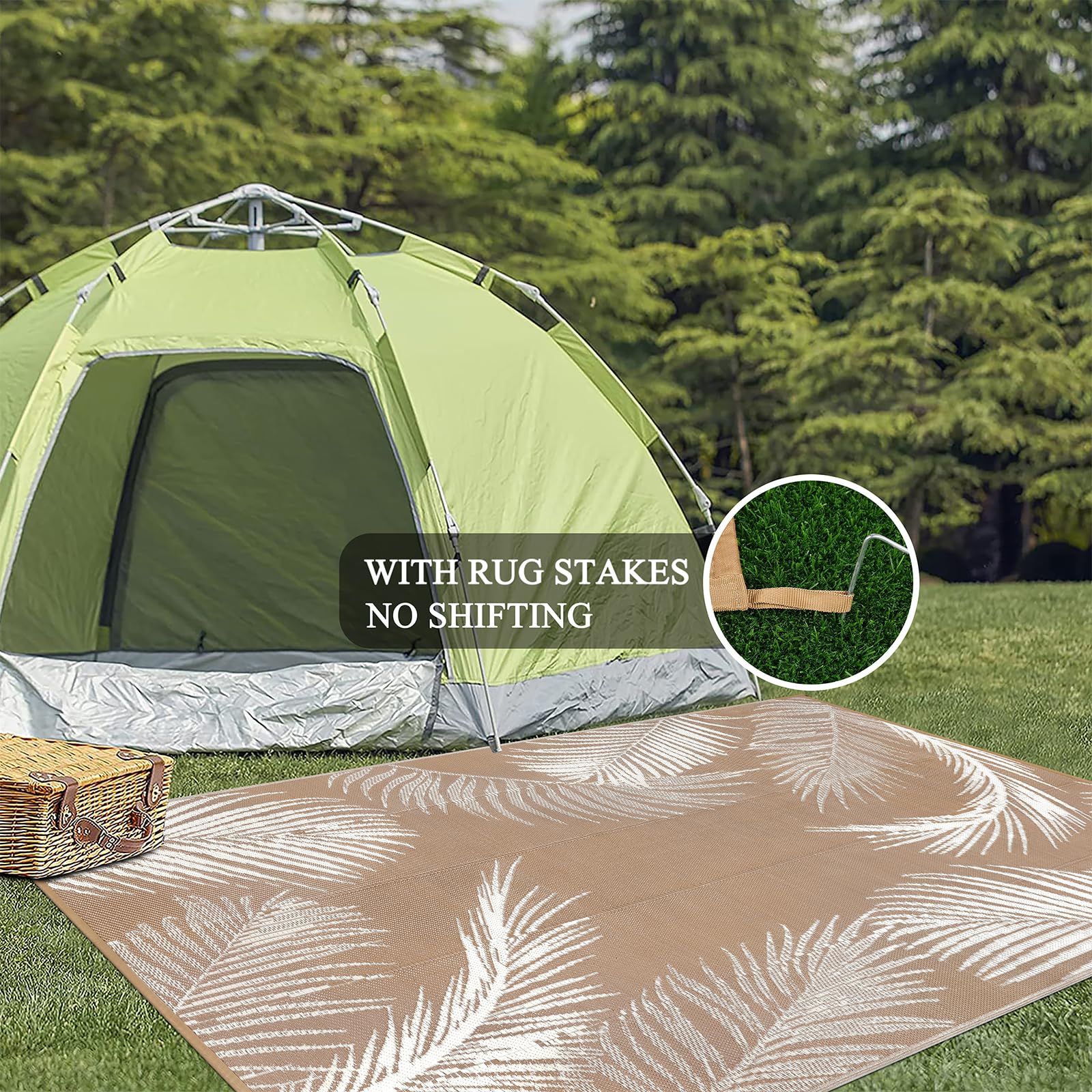 Pauwer Outdoor Rug 6x9 Leaf Brown with rug stakes