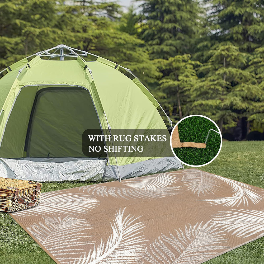 Pauwer Outdoor Rug 6x9 Leaf Brown with rug stakes
