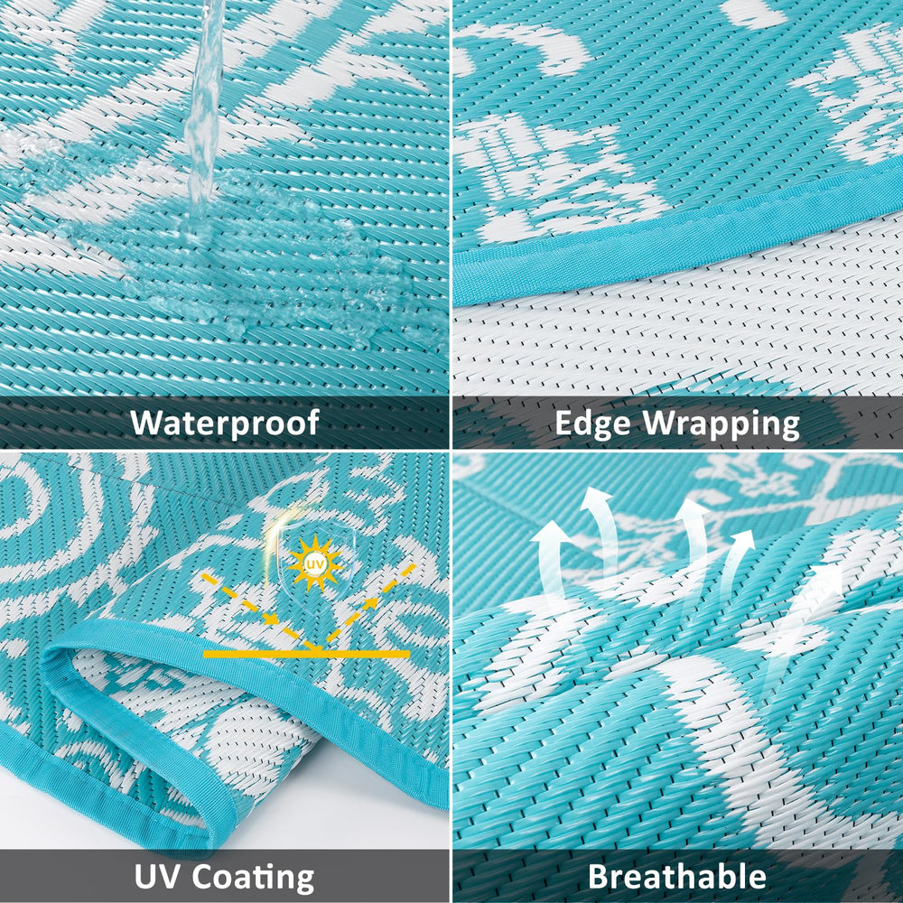 Pauwer Outdoor Rug 8ft Boho Teal folded with carrying bag