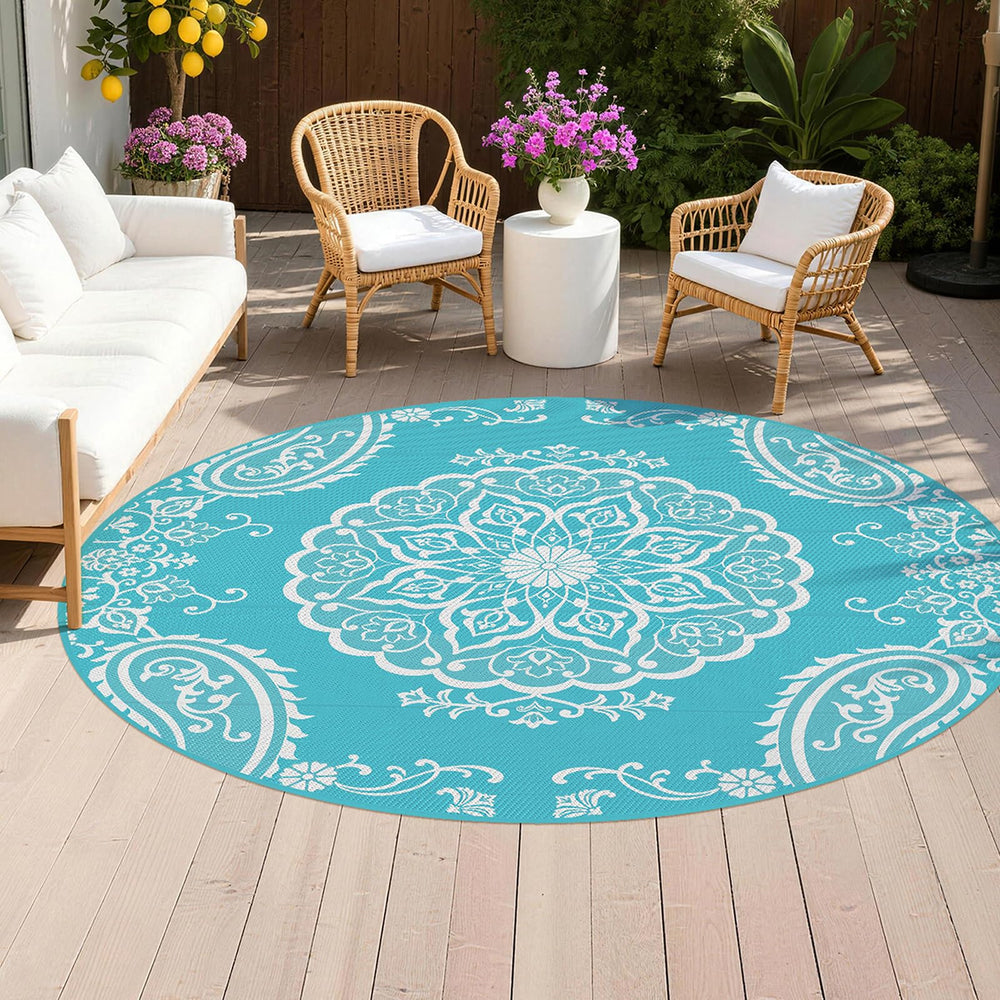 Pauwer Outdoor Rug 8ft Boho Teal front view