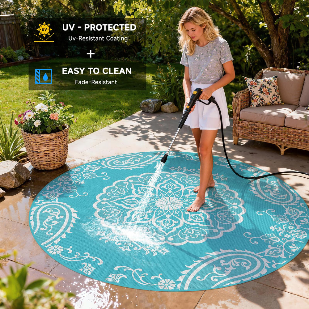 Pauwer Outdoor Rug 8ft Boho Teal with floral pattern