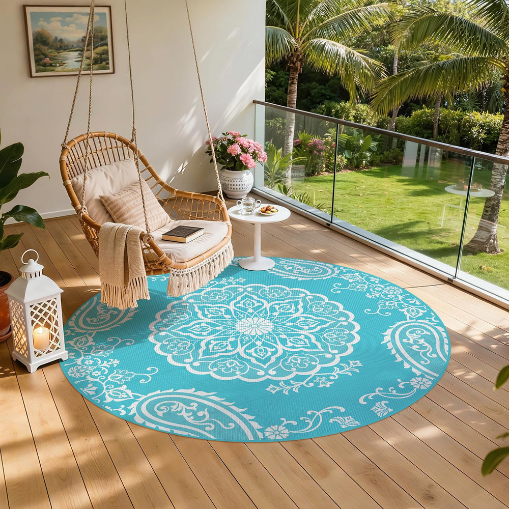 Pauwer Outdoor Rug 8ft Boho Teal with rug stakes