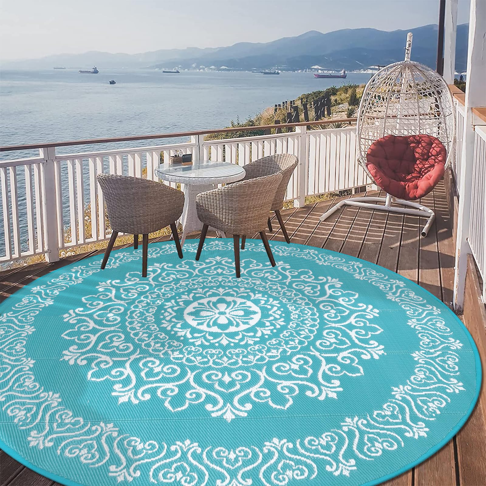 Pauwer Outdoor Rug 8ft floral teal design front view