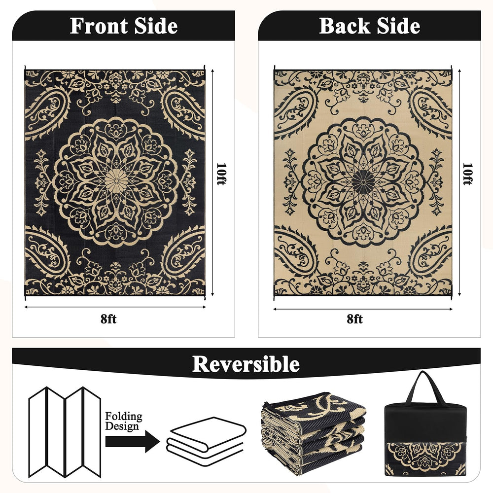 Pauwer Outdoor Rug 8x10 Boho Black Brown floral pattern