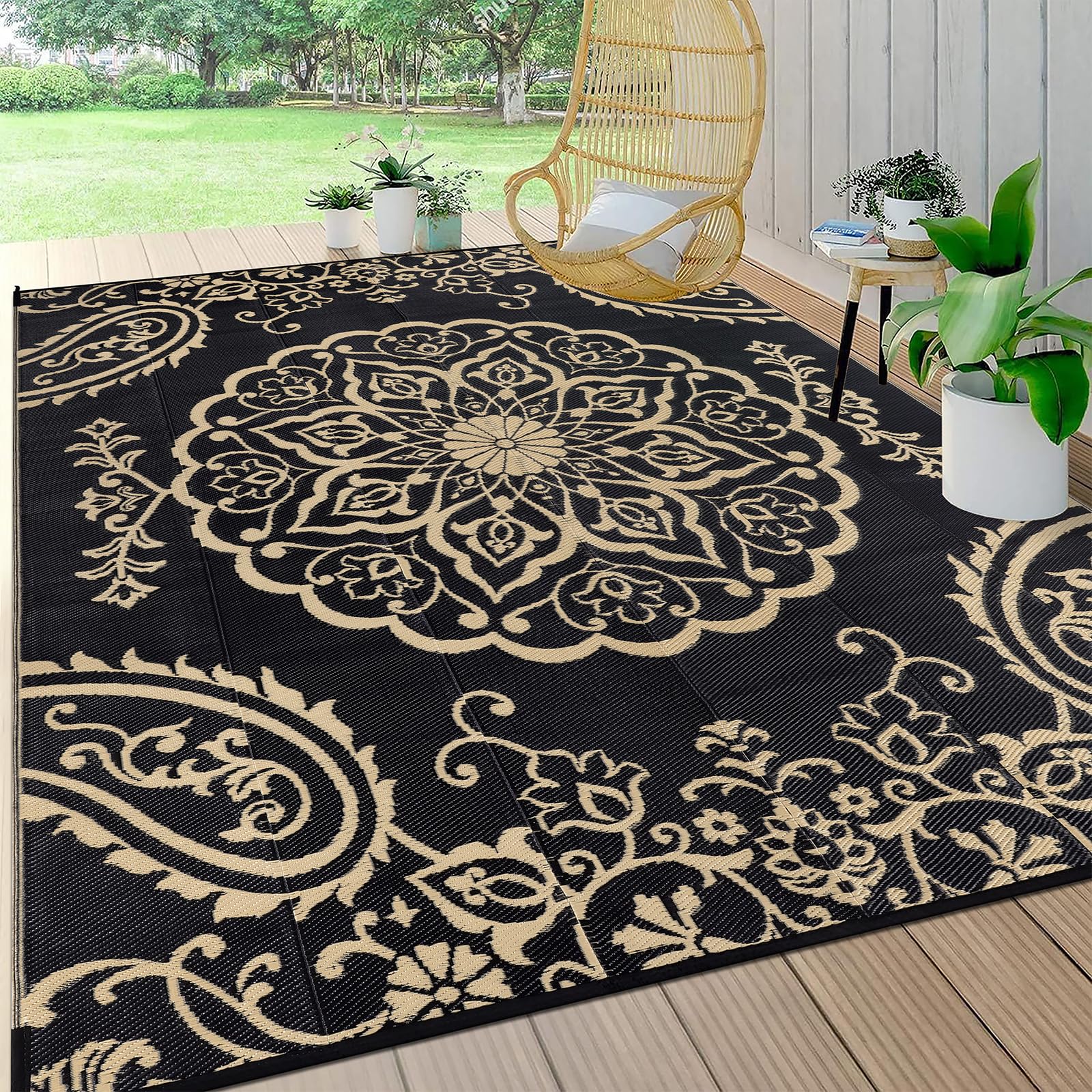 Pauwer Outdoor Rug 8x10 Boho Black Brown front view