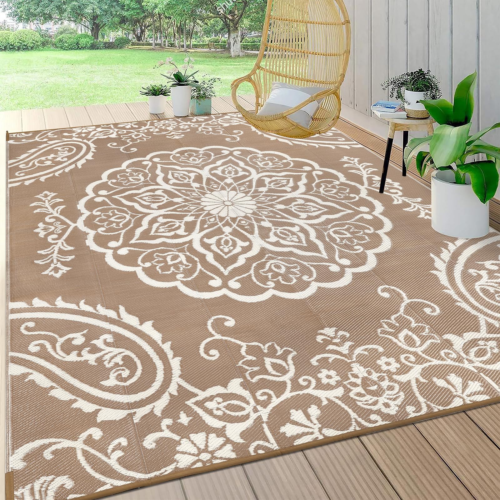Pauwer Outdoor Rug 8x10 Boho Brown front view